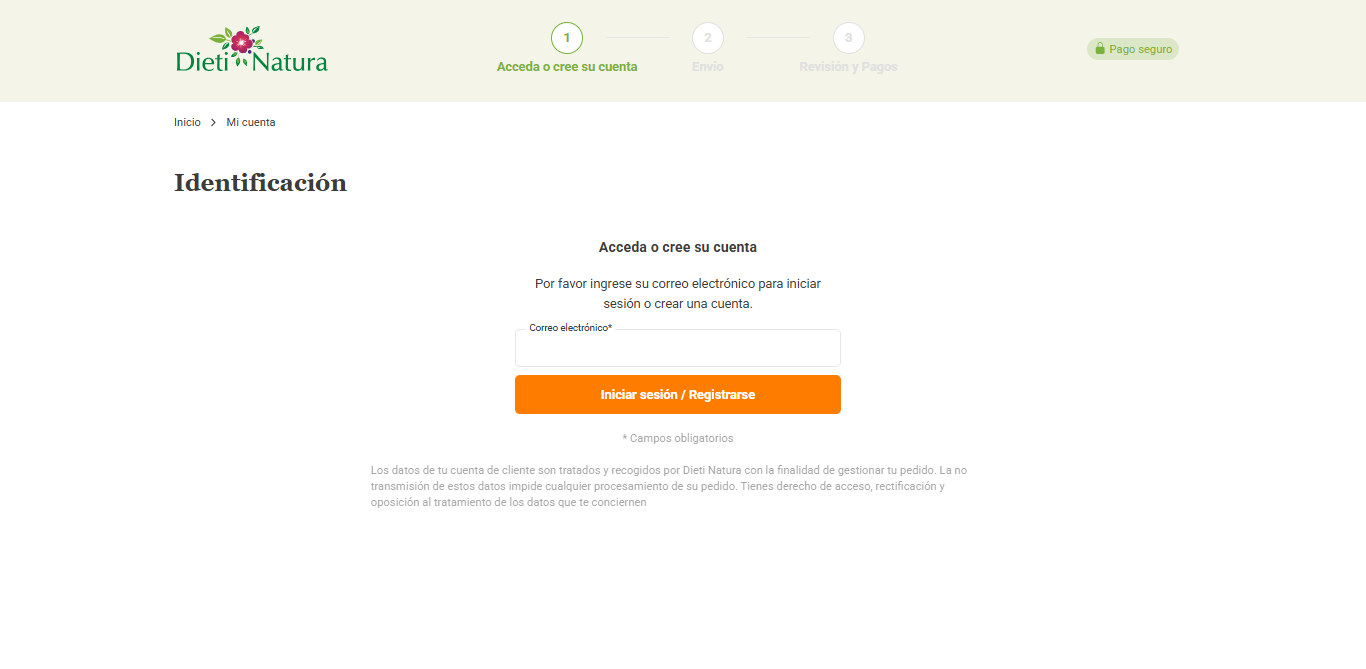 Pantalla de identificación en la web de Dieti Natura