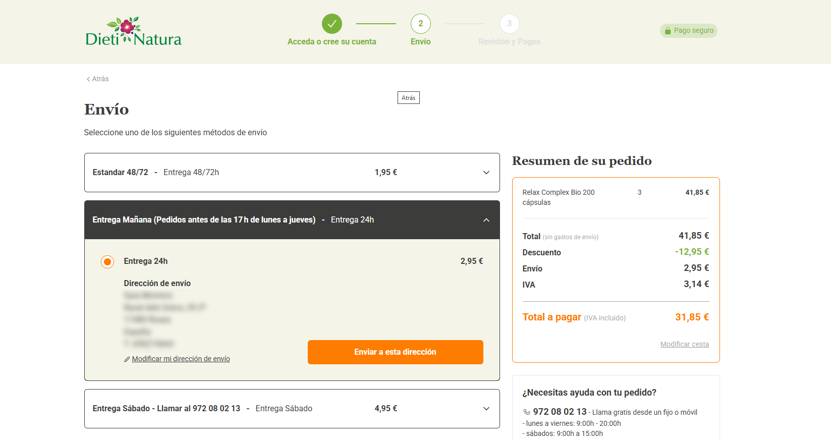 Selección de la dirección de entrega