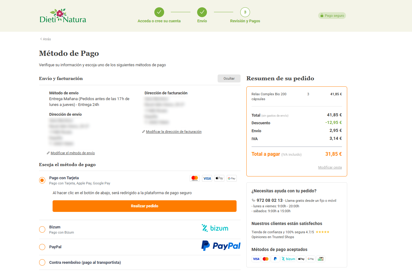 Resumen y pago seguro del pedido Dieti Natura