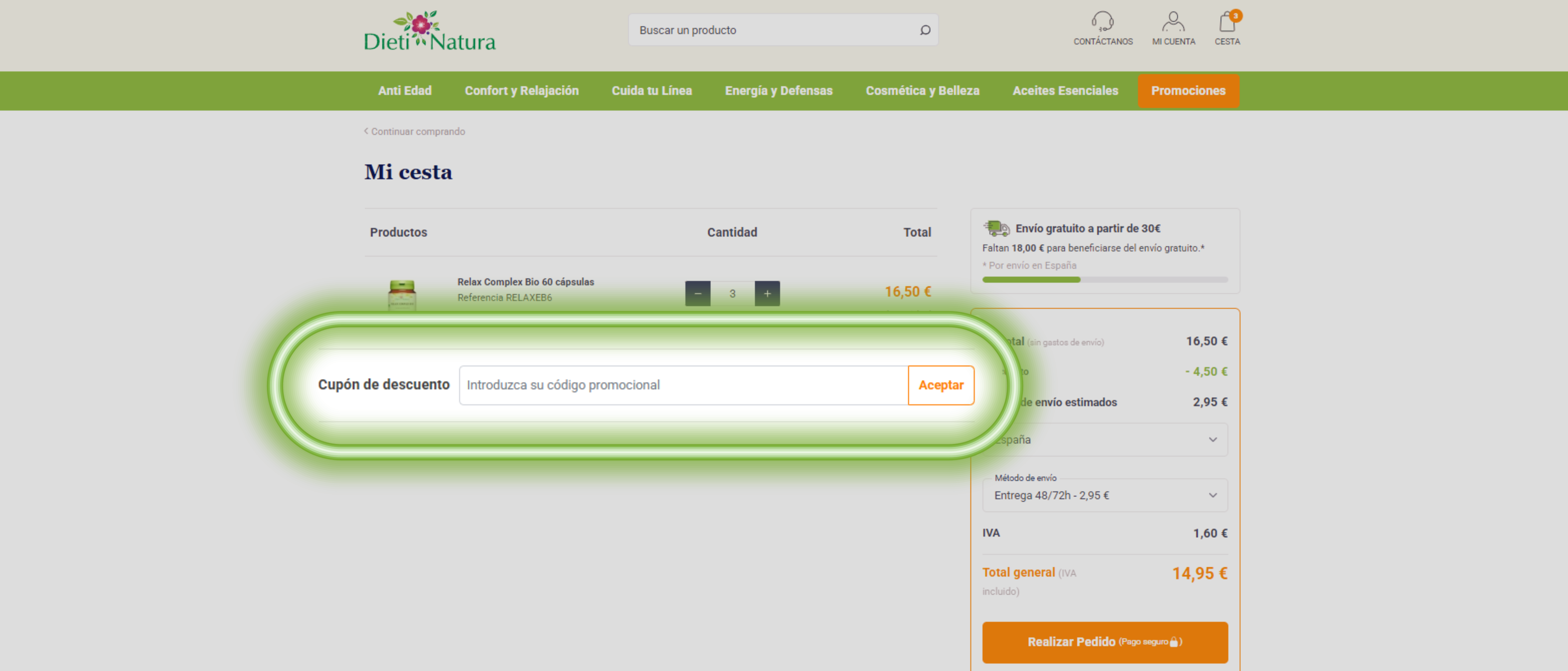 Validación de código promocional Dieti Natura